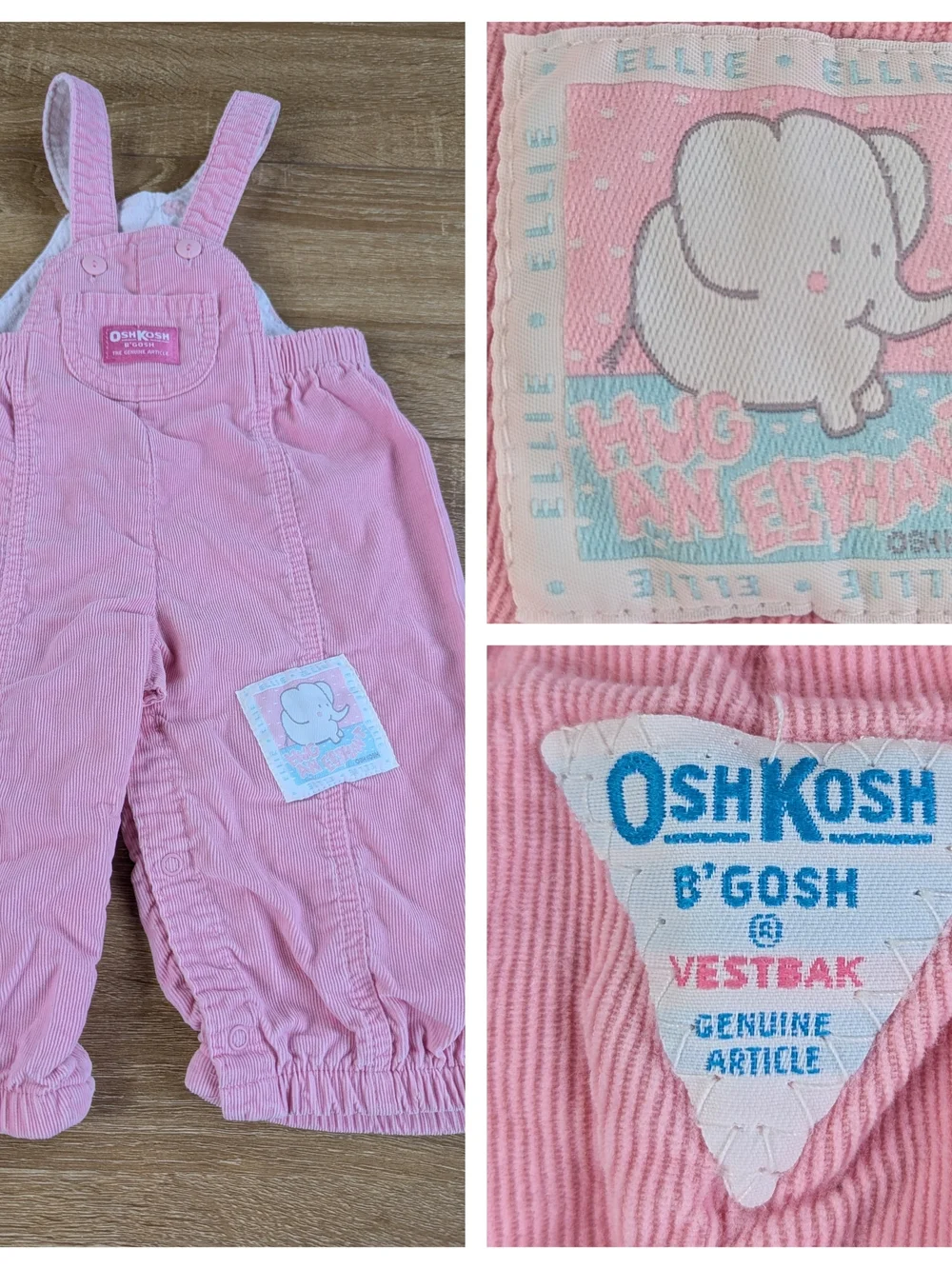 OshKosh Pink Corduroy Elephant Overalls Vestbak Vintage 18 Months